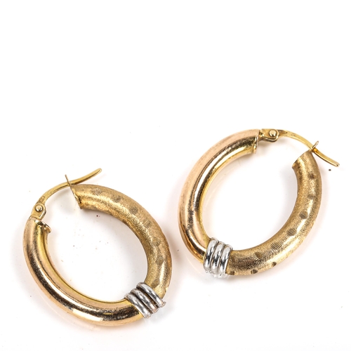 110 - A pair of 9ct gold hoop earrings, textured and polished 2-colour gold settings, earring height 27mm,... 