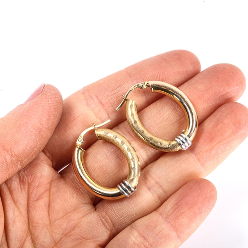 110 - A pair of 9ct gold hoop earrings, textured and polished 2-colour gold settings, earring height 27mm,... 