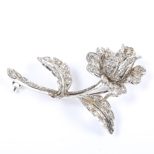 117 - A late 20th century 18ct white gold diamond rose brooch, pave set with single-cut diamonds, brooch l... 