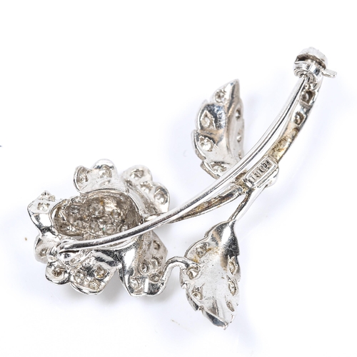 117 - A late 20th century 18ct white gold diamond rose brooch, pave set with single-cut diamonds, brooch l... 