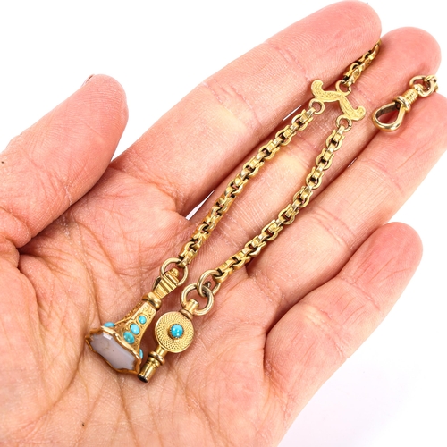 121 - A Victorian 15ct gold turquoise watch chain, with chalcedony shield-shaped seal fob and pocket watch... 