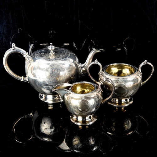 131 - ***WITHDRAWN*** A Victorian silver 3-piece bachelor's tea set, bullet form with bright-cut engraved ... 