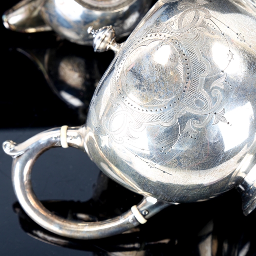 131 - ***WITHDRAWN*** A Victorian silver 3-piece bachelor's tea set, bullet form with bright-cut engraved ... 