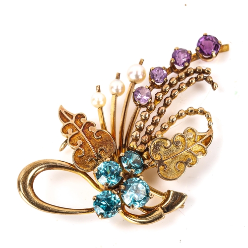 137 - A late 20th century 9ct gold blue zircon amethyst and pearl floral spray brooch, maker's marks A and... 