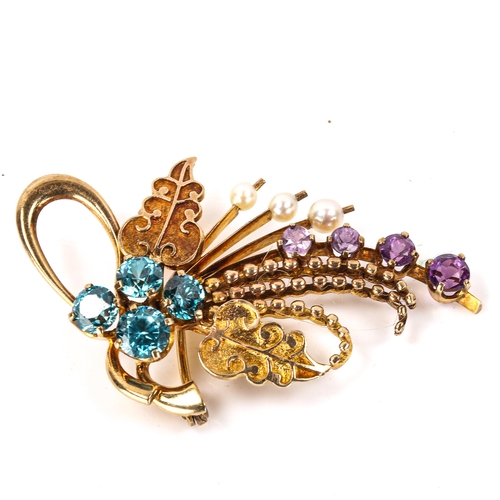 137 - A late 20th century 9ct gold blue zircon amethyst and pearl floral spray brooch, maker's marks A and... 