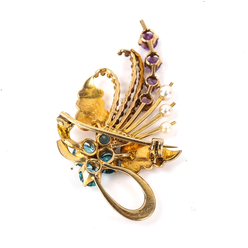 137 - A late 20th century 9ct gold blue zircon amethyst and pearl floral spray brooch, maker's marks A and... 