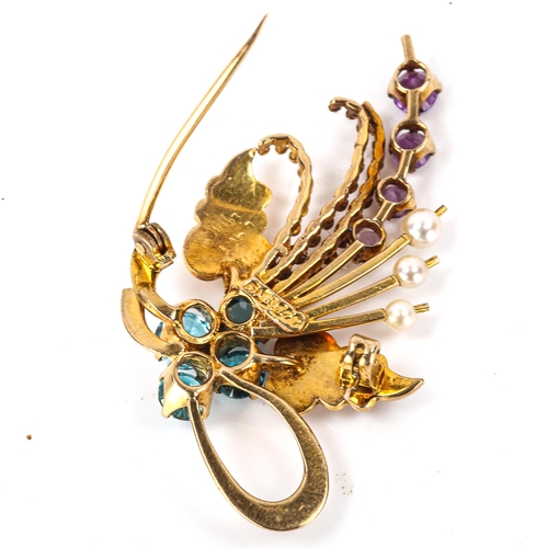 137 - A late 20th century 9ct gold blue zircon amethyst and pearl floral spray brooch, maker's marks A and... 