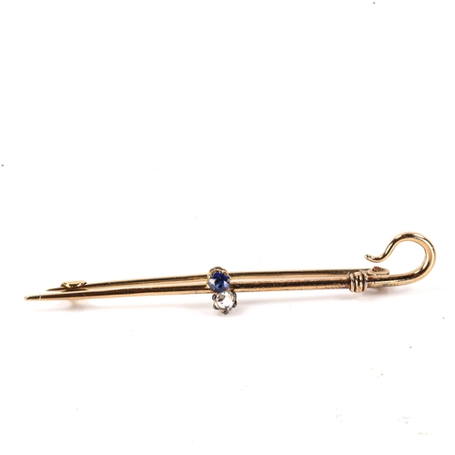 143 - An Antique sapphire and diamond shepherd crook brooch, set with round-cut sapphire and rose-cut diam... 