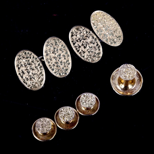 148 - An early 20th century 9ct gold dress set, comprising pair of cufflinks, and 4 dress studs, engraved ... 