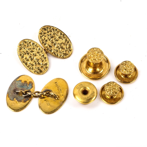 148 - An early 20th century 9ct gold dress set, comprising pair of cufflinks, and 4 dress studs, engraved ... 