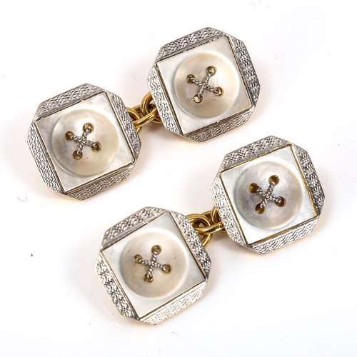 151 - A pair of early 20th century 18ct gold platinum and mother-of-pearl button design cufflinks, panel l... 