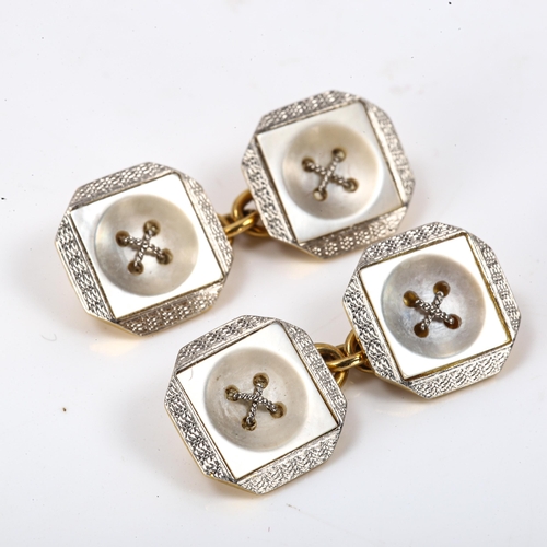 151 - A pair of early 20th century 18ct gold platinum and mother-of-pearl button design cufflinks, panel l... 