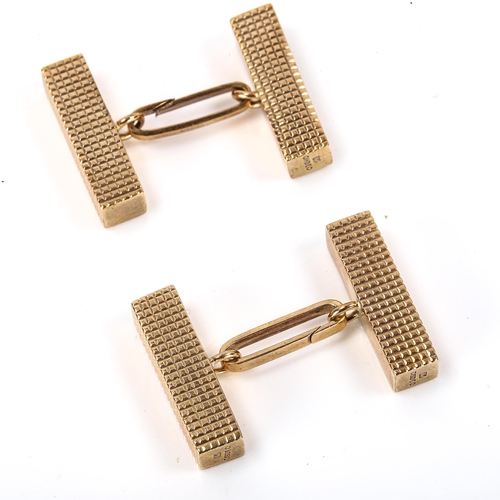 155 - A pair of mid-20th century 9ct gold cuboid cufflinks, engraved decoration, maker's marks KW, hallmar... 