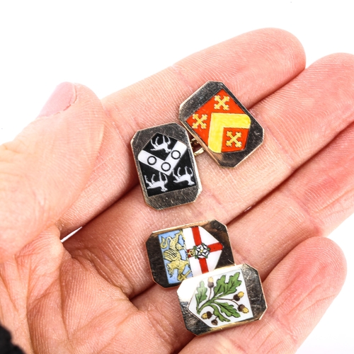 157 - A pair of early 20th century 9ct gold enamel cufflinks, with various shield crest designs, by Cropp ... 