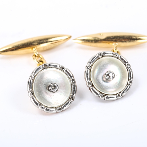 158 - A pair of early 20th century 18ct gold mother-of-pearl and diamond cufflinks, set with old European ... 