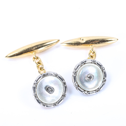 158 - A pair of early 20th century 18ct gold mother-of-pearl and diamond cufflinks, set with old European ... 