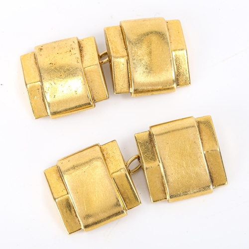 163 - A pair of French Art Deco high carat gold cufflinks, geometric design, panel length 12.4mm, 5.1g