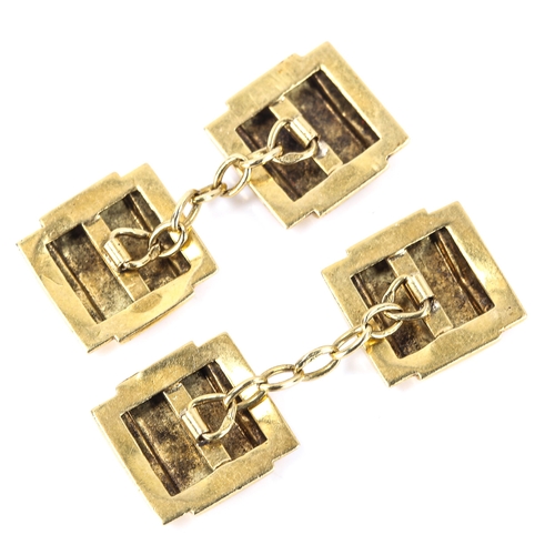 163 - A pair of French Art Deco high carat gold cufflinks, geometric design, panel length 12.4mm, 5.1g