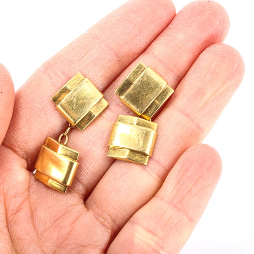 163 - A pair of French Art Deco high carat gold cufflinks, geometric design, panel length 12.4mm, 5.1g