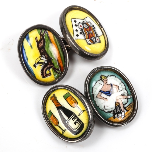 165 - A pair of Vintage silver and hand painted enamel novelty cufflinks, depicting playing cards, racehor... 