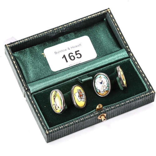 165 - A pair of Vintage silver and hand painted enamel novelty cufflinks, depicting playing cards, racehor... 