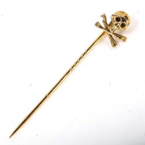 170 - A mid-20th century 9ct gold Jolly Roger skull and crossbones stickpin, by Deakin & Francis, hallmark... 