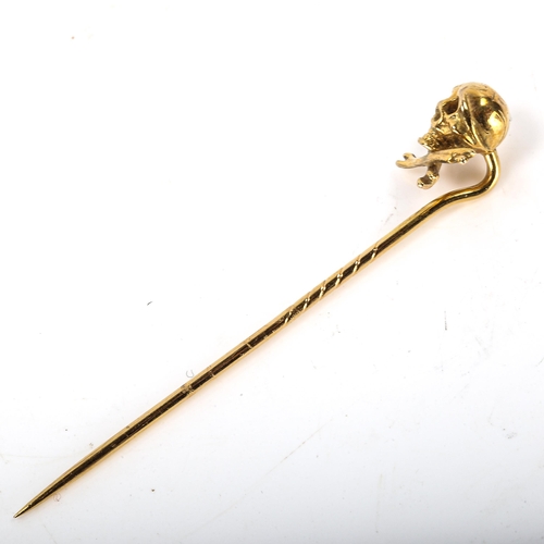 170 - A mid-20th century 9ct gold Jolly Roger skull and crossbones stickpin, by Deakin & Francis, hallmark... 