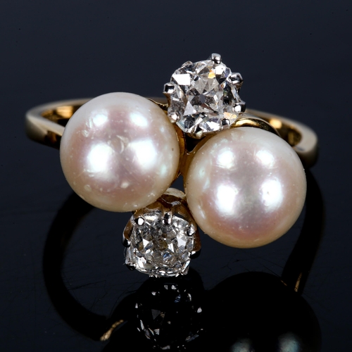 60 - A late 20th century 18ct gold pearl and diamond crossover ring, set with old-cut diamonds, total dia... 