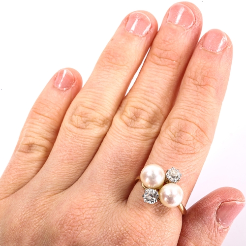 60 - A late 20th century 18ct gold pearl and diamond crossover ring, set with old-cut diamonds, total dia... 