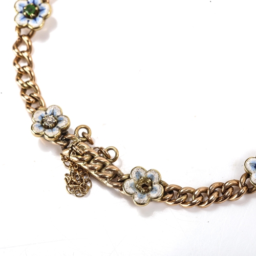 61 - A late 19th/early 20th century DEAREST bracelet, unmarked gold curb links with enamel gem set flower... 