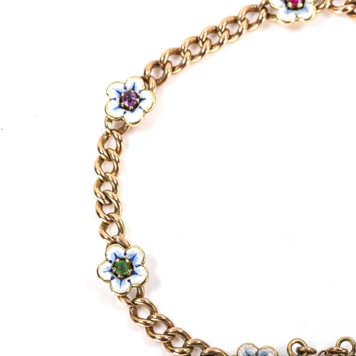 61 - A late 19th/early 20th century DEAREST bracelet, unmarked gold curb links with enamel gem set flower... 