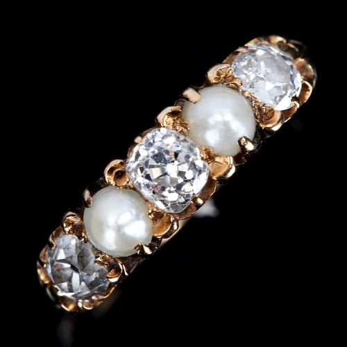 62 - A Victorian graduated 5-stone pearl and diamond half hoop ring, unmarked gold settings with whole pe... 