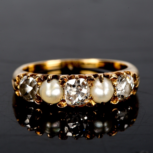 62 - A Victorian graduated 5-stone pearl and diamond half hoop ring, unmarked gold settings with whole pe... 