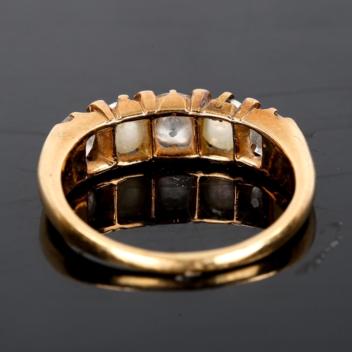 62 - A Victorian graduated 5-stone pearl and diamond half hoop ring, unmarked gold settings with whole pe... 