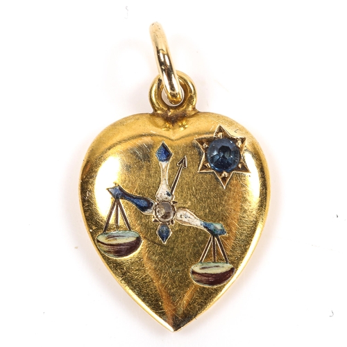 73 - A 19th century 15ct gold sapphire diamond and enamel heart pendant, depicting scales and star, penda... 