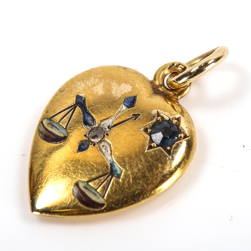 73 - A 19th century 15ct gold sapphire diamond and enamel heart pendant, depicting scales and star, penda... 