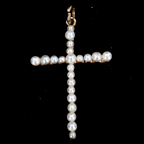 76 - An early 20th century pearl cross pendant, unmarked gold settings, pendant height excluding bale 33.... 