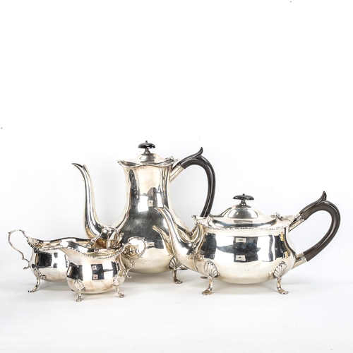 82 - An Edwardian silver 4-piece tea set, comprising teapot, hot water jug, 2-handled sugar bowl and crea... 