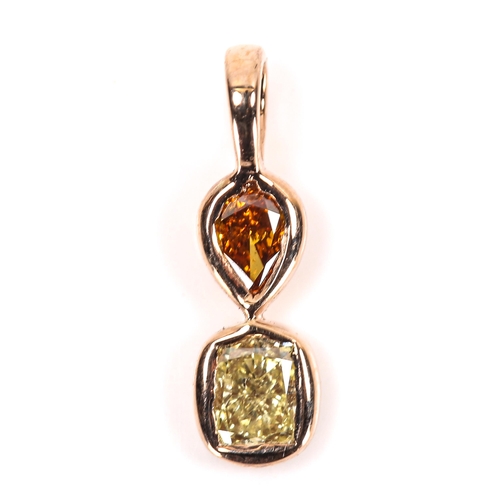 89 - A modern 18ct rose gold fancy diamond pendant, bezel set with oval pear brilliant and yellow cushion... 