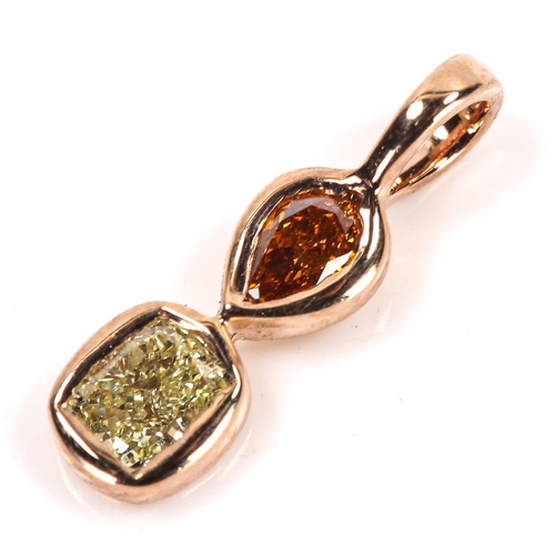 89 - A modern 18ct rose gold fancy diamond pendant, bezel set with oval pear brilliant and yellow cushion... 