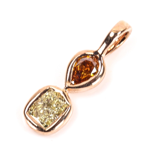 89 - A modern 18ct rose gold fancy diamond pendant, bezel set with oval pear brilliant and yellow cushion... 