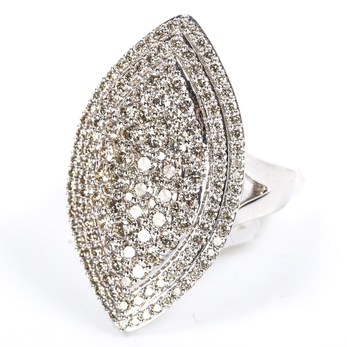 94 - A large modern 9ct white gold diamond marquise cluster panel ring, pave set with modern round brilli... 