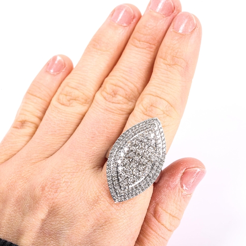 94 - A large modern 9ct white gold diamond marquise cluster panel ring, pave set with modern round brilli... 