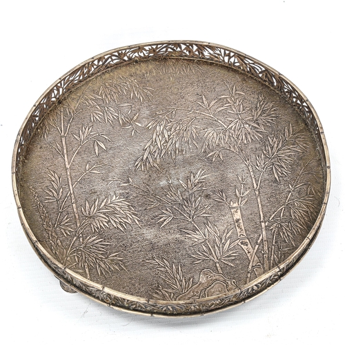 96 - A Chinese export silver tray, by Wang Hing circa 1900, circular form with engraved bamboo decoration... 