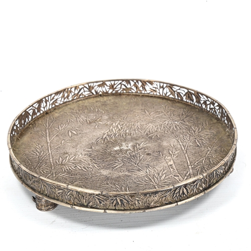 96 - A Chinese export silver tray, by Wang Hing circa 1900, circular form with engraved bamboo decoration... 