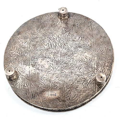 96 - A Chinese export silver tray, by Wang Hing circa 1900, circular form with engraved bamboo decoration... 