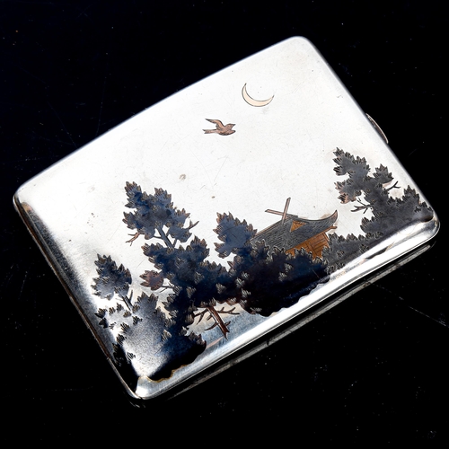 99 - A Japanese silver Damascene curved cigarette case, with outside and inside decoration with signature... 