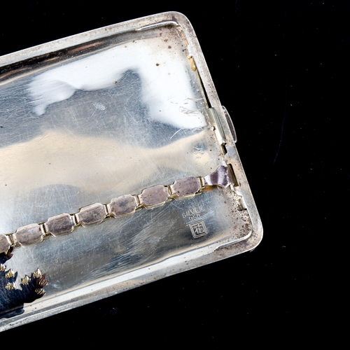 99 - A Japanese silver Damascene curved cigarette case, with outside and inside decoration with signature... 