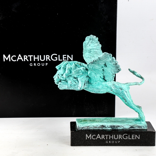 1001 - MARK CORETH - verdigris patinated bronze sculpture, winged lion, signed, on McArthurGlen granite bas... 