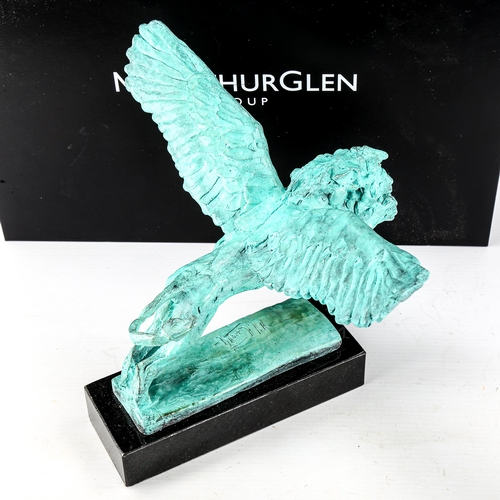 1001 - MARK CORETH - verdigris patinated bronze sculpture, winged lion, signed, on McArthurGlen granite bas... 